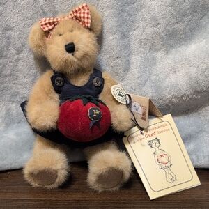 Boyds Bears Serendipity Whiskabibble Tan and Blue Plush Bear with Red Tomato